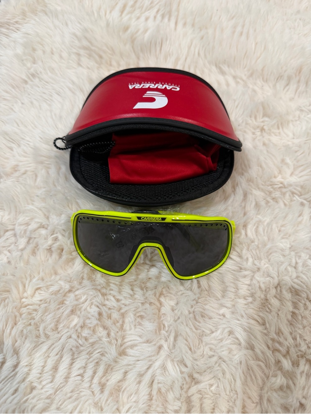 Carrera Neon Yellow Shield Sunglasses with Red Zip Case
